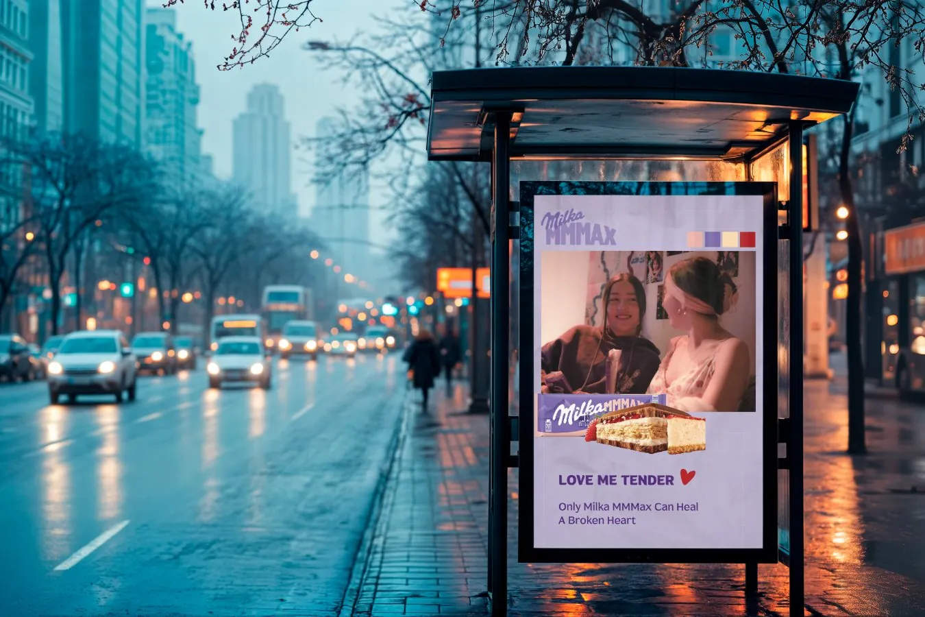 Love Me Tender poster in a rainy bus shelter